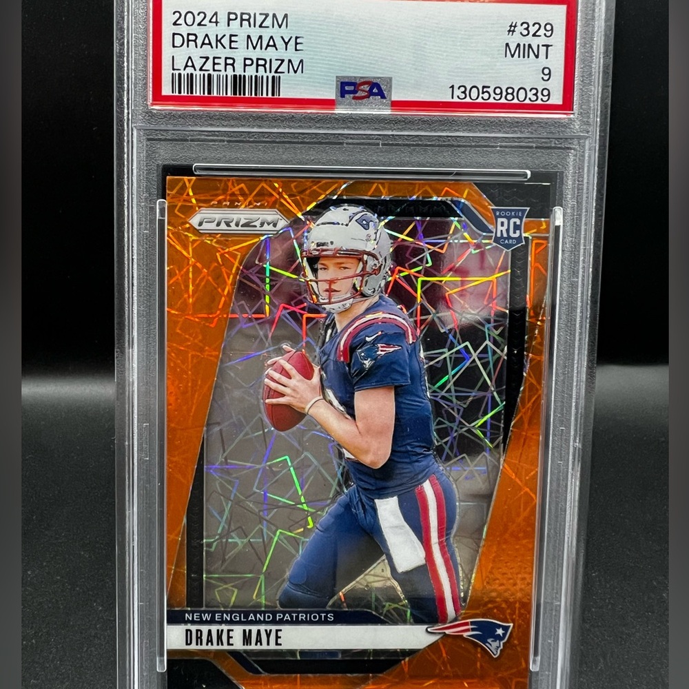 2024 Panini Prizm Drake Maye Rookie Card #329 Orange Lazer Prizm PSA 9